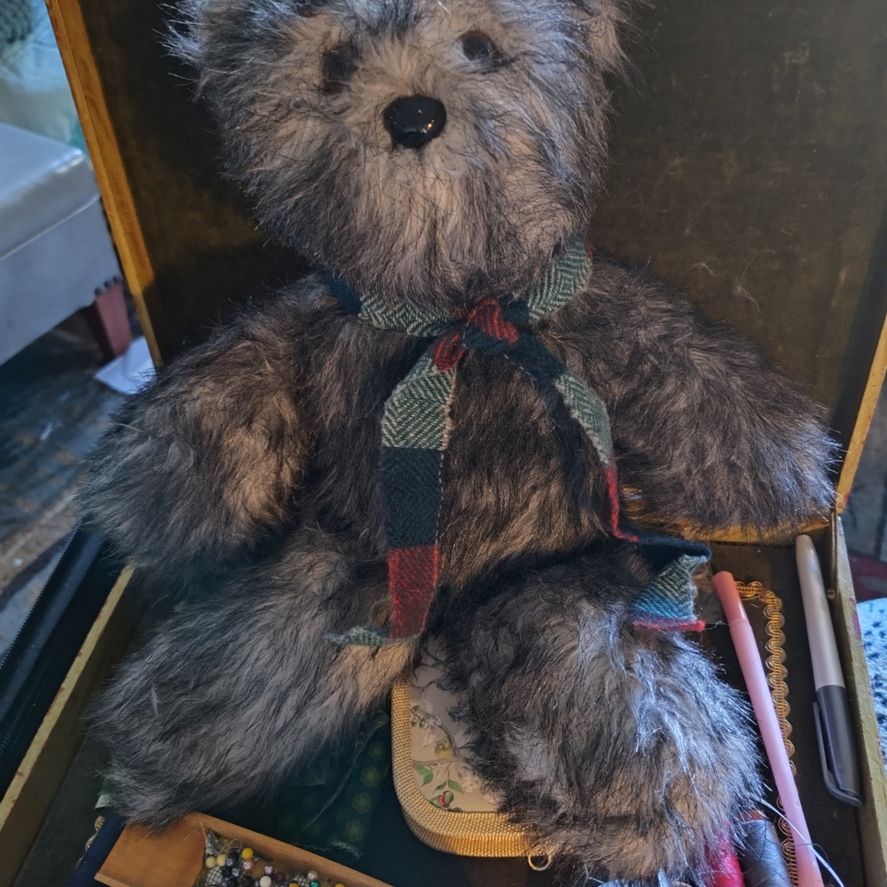Handsewn Gray Plush Teddy Bear with Plaid Scarf